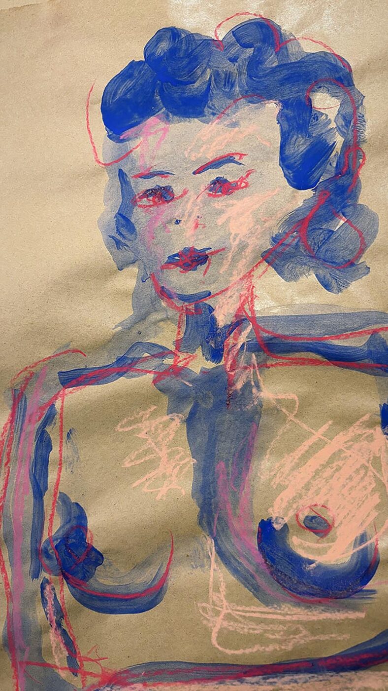 Retrato en azul y coral sobre papel kraft