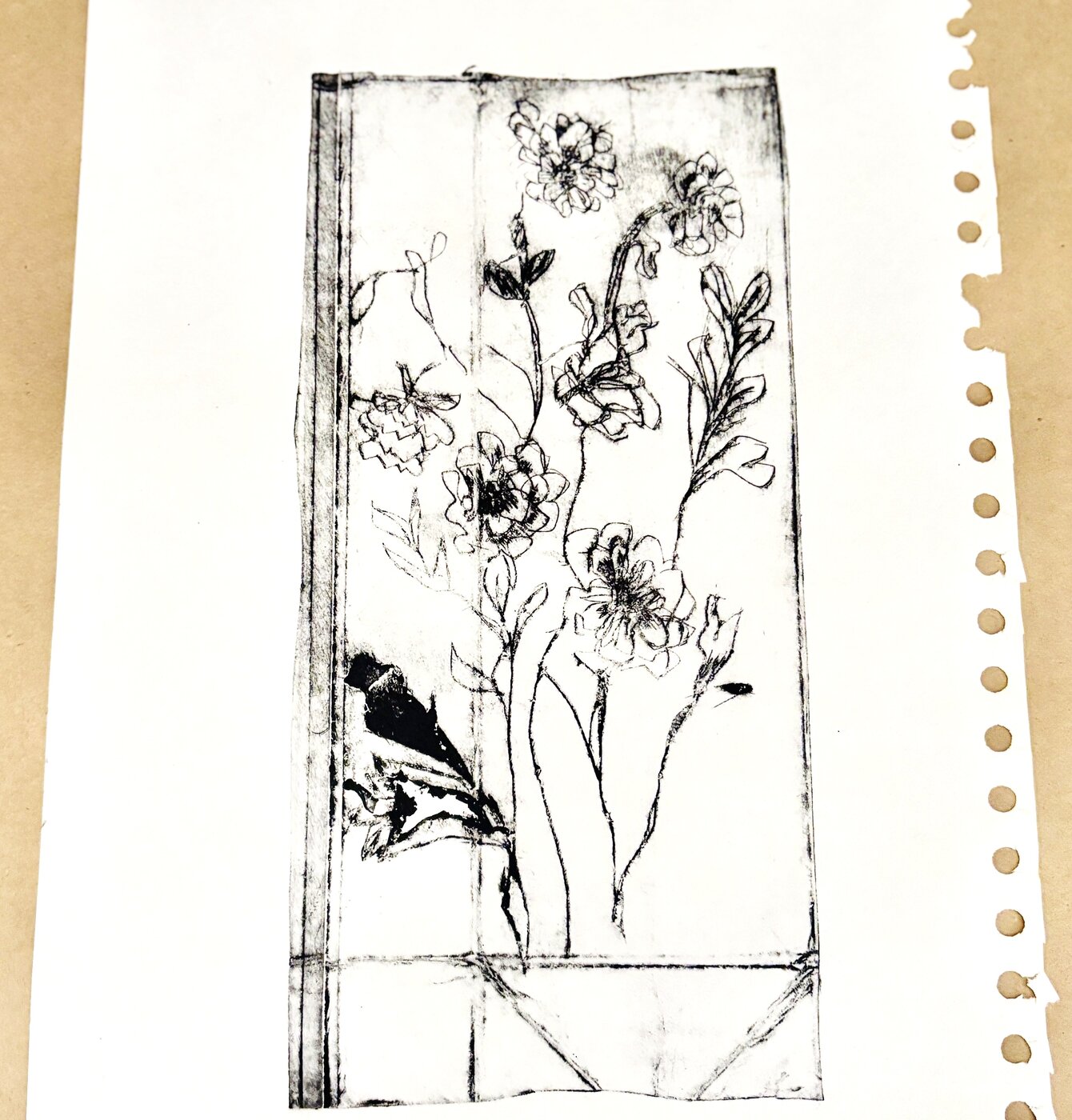 Líneas de cuaderno: grabado botánico sobre página de cuaderno