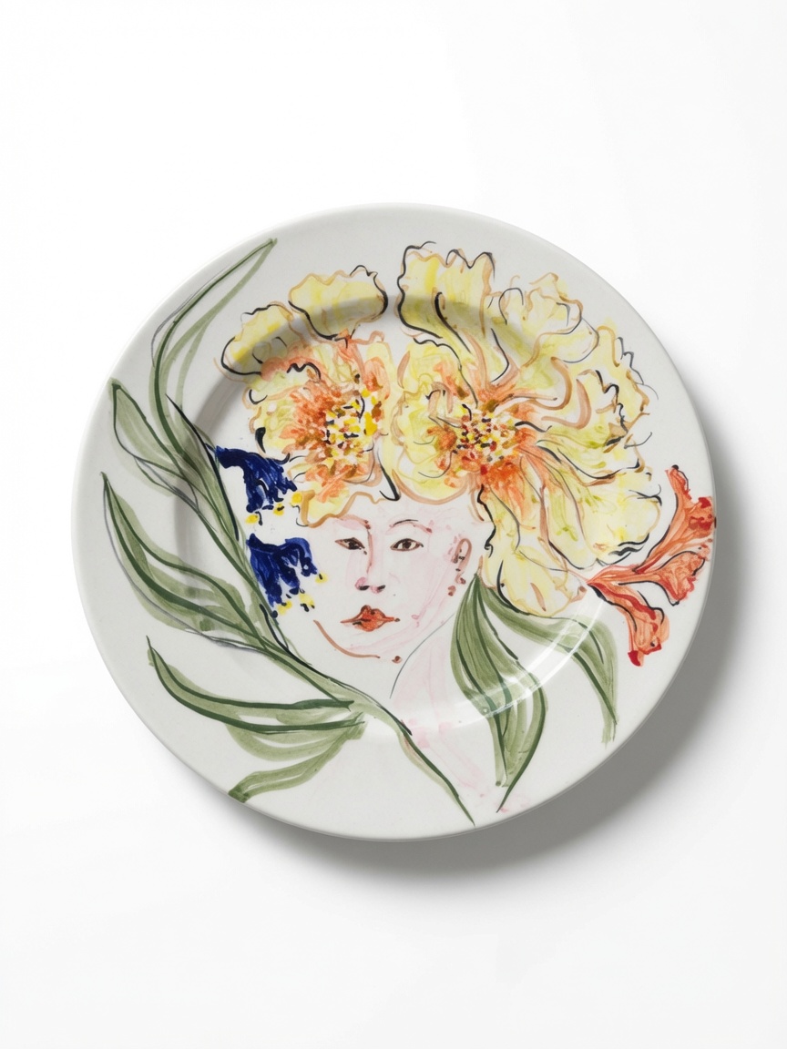 Mujer con flor en cabeza: plato de cerámica pintado a mano con retrato y flores amarillas