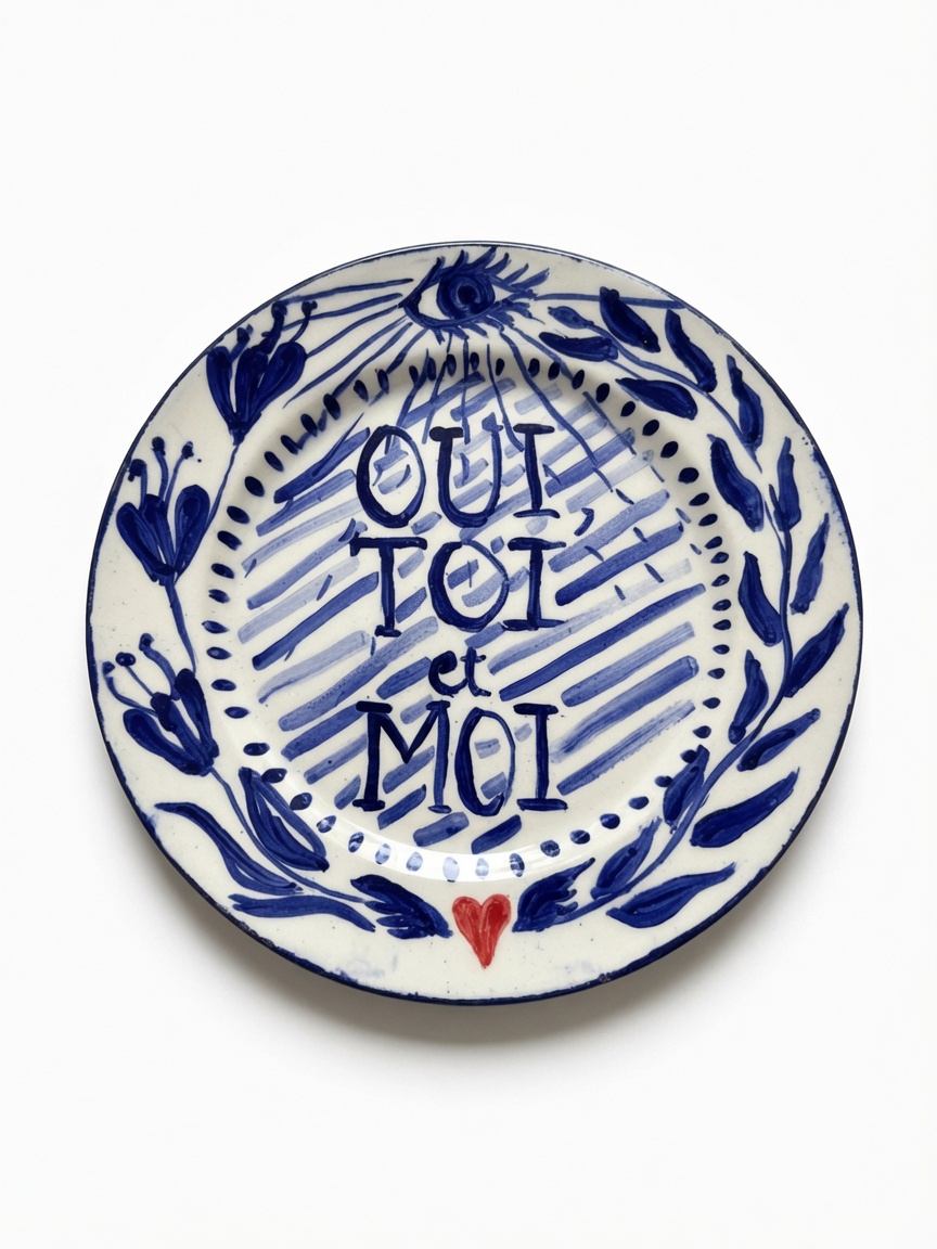 Oui, toi et moi: plato de cerámica en azul y blanco con ojo, corazón y texto en francés