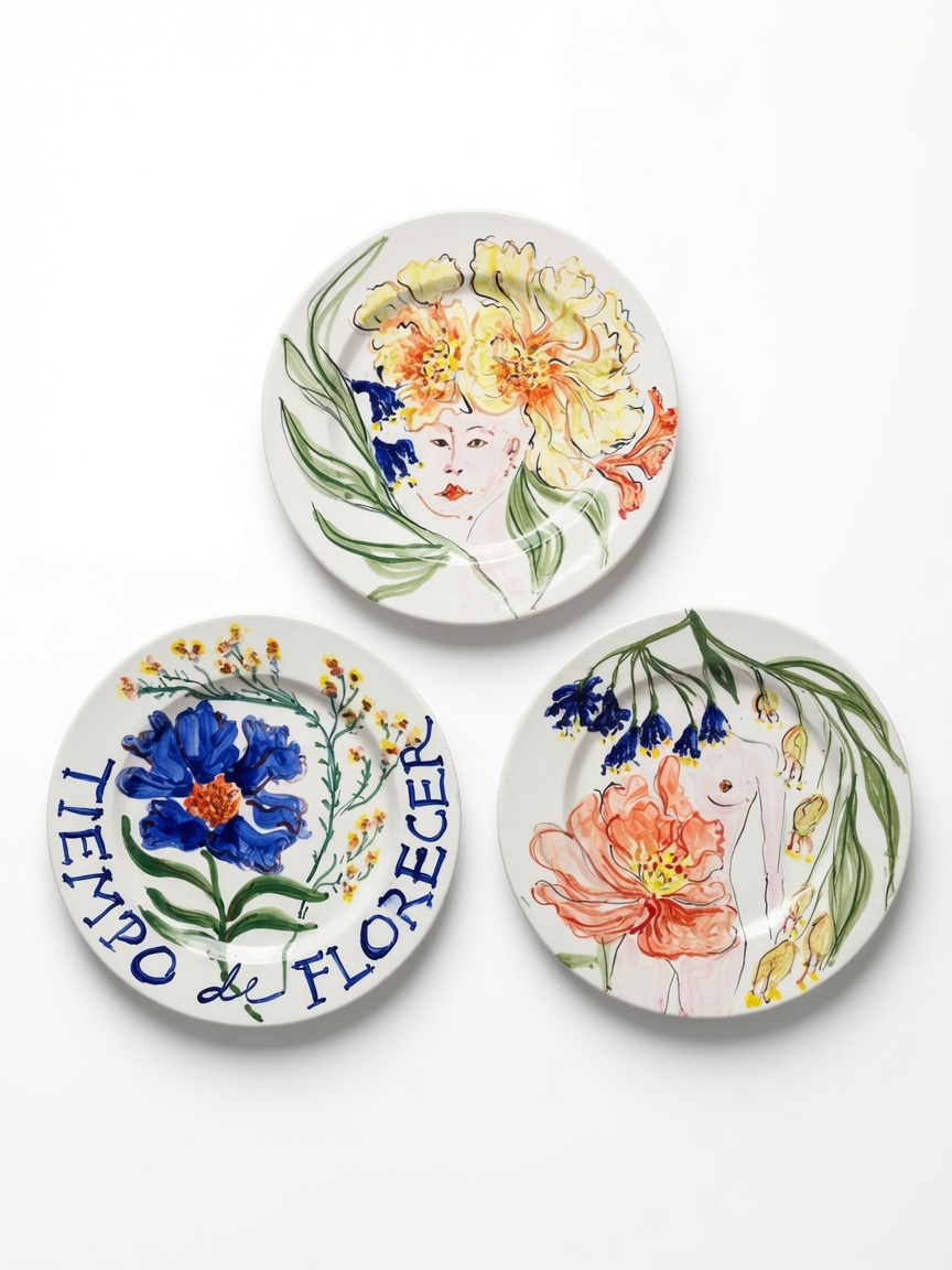 Serie de tres platos de cerámica pintados a mano, dispuestos en triángulo